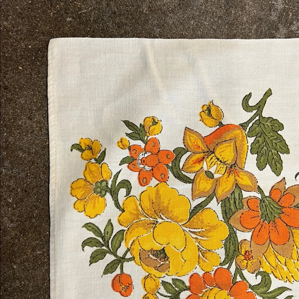 Vintage floral 52”X 48” squareish tablecloth yellow & oranges cotton Handmade